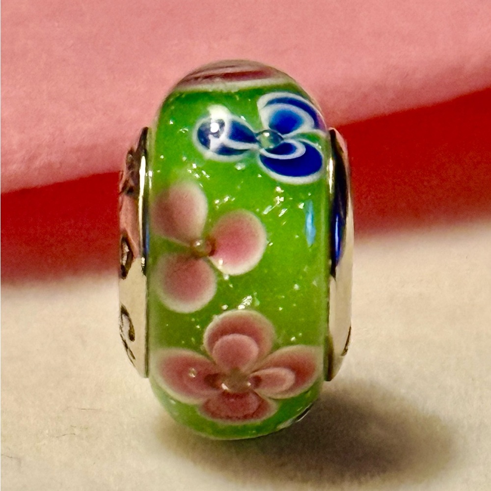 Floral sparkling Green Murano Charm fit Pandora bracelets